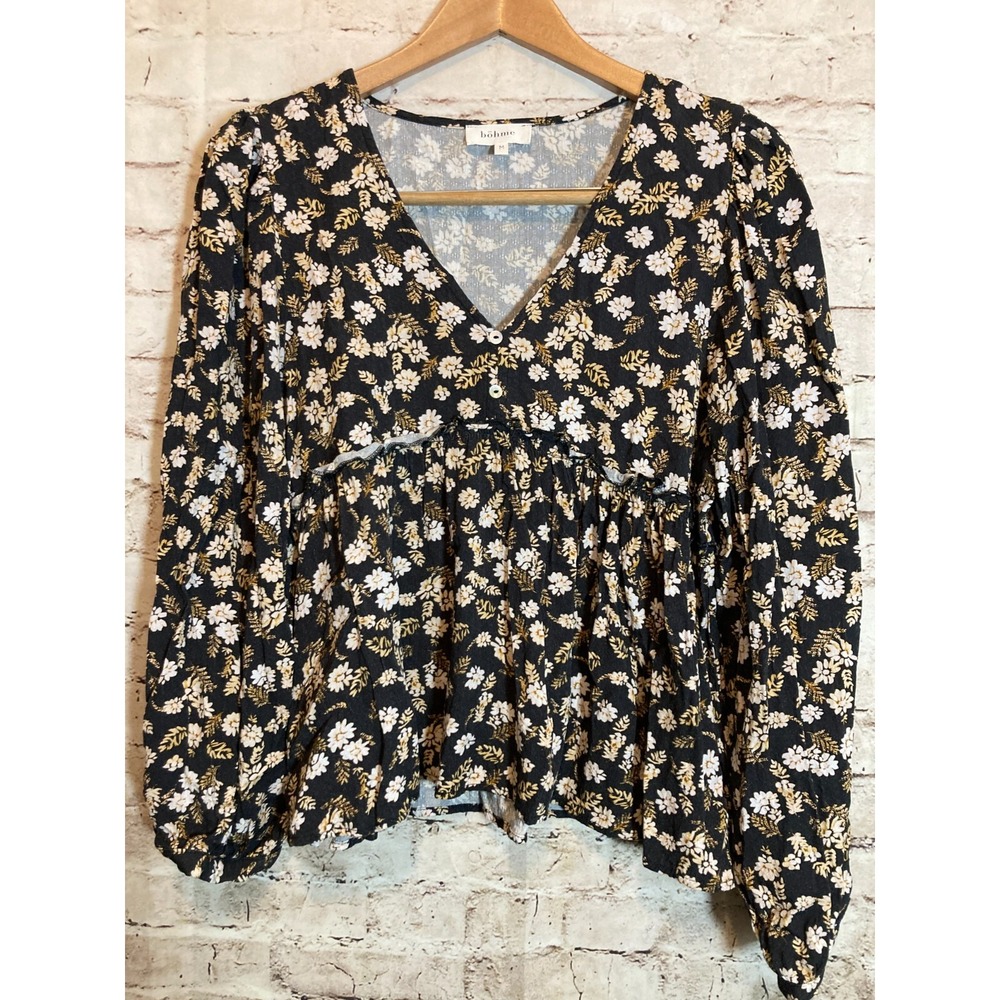 bohme Black Floral V-Neck Peplum Blouse